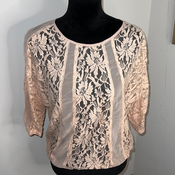 Timing Tops - Timing blush lace sheer elastic waist round collar romantic top  blouse Sz L